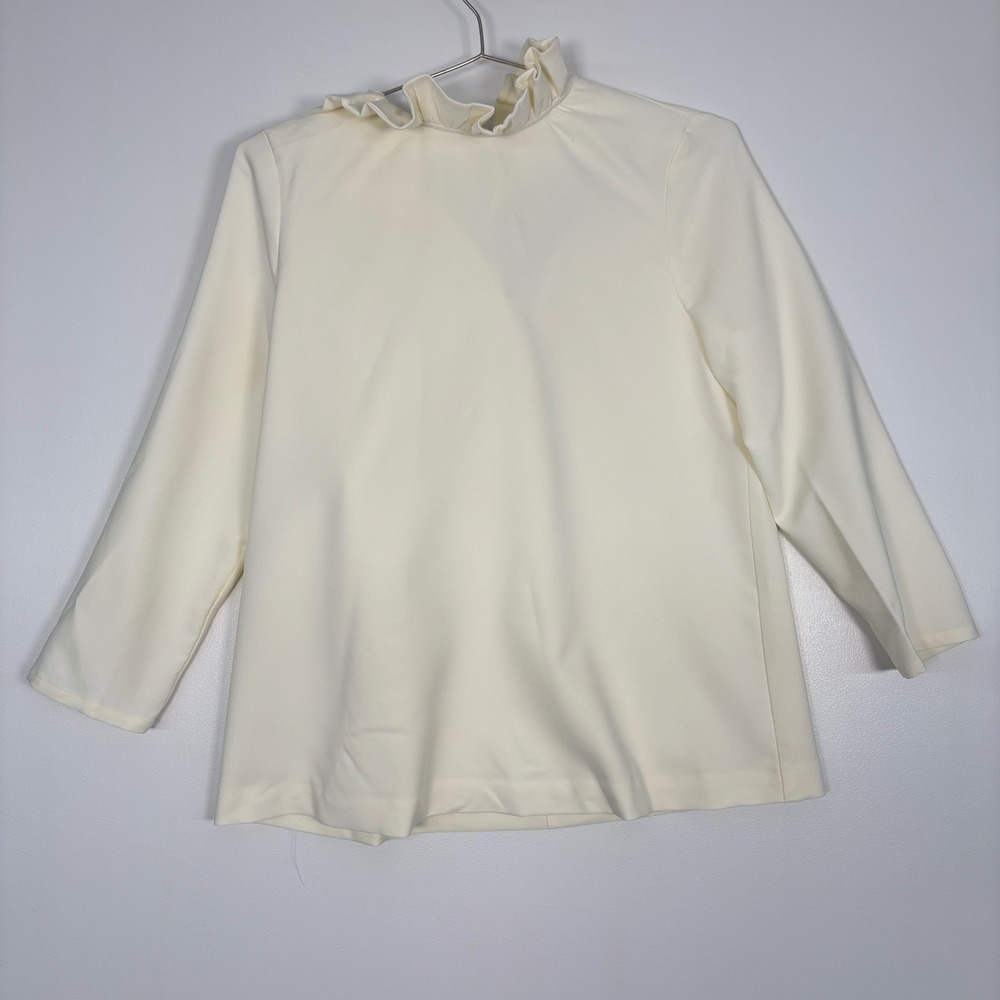 Tuckernuck Women Blouse M Cream Ruffle‎ Neck Back Bow Long Sleeve Top